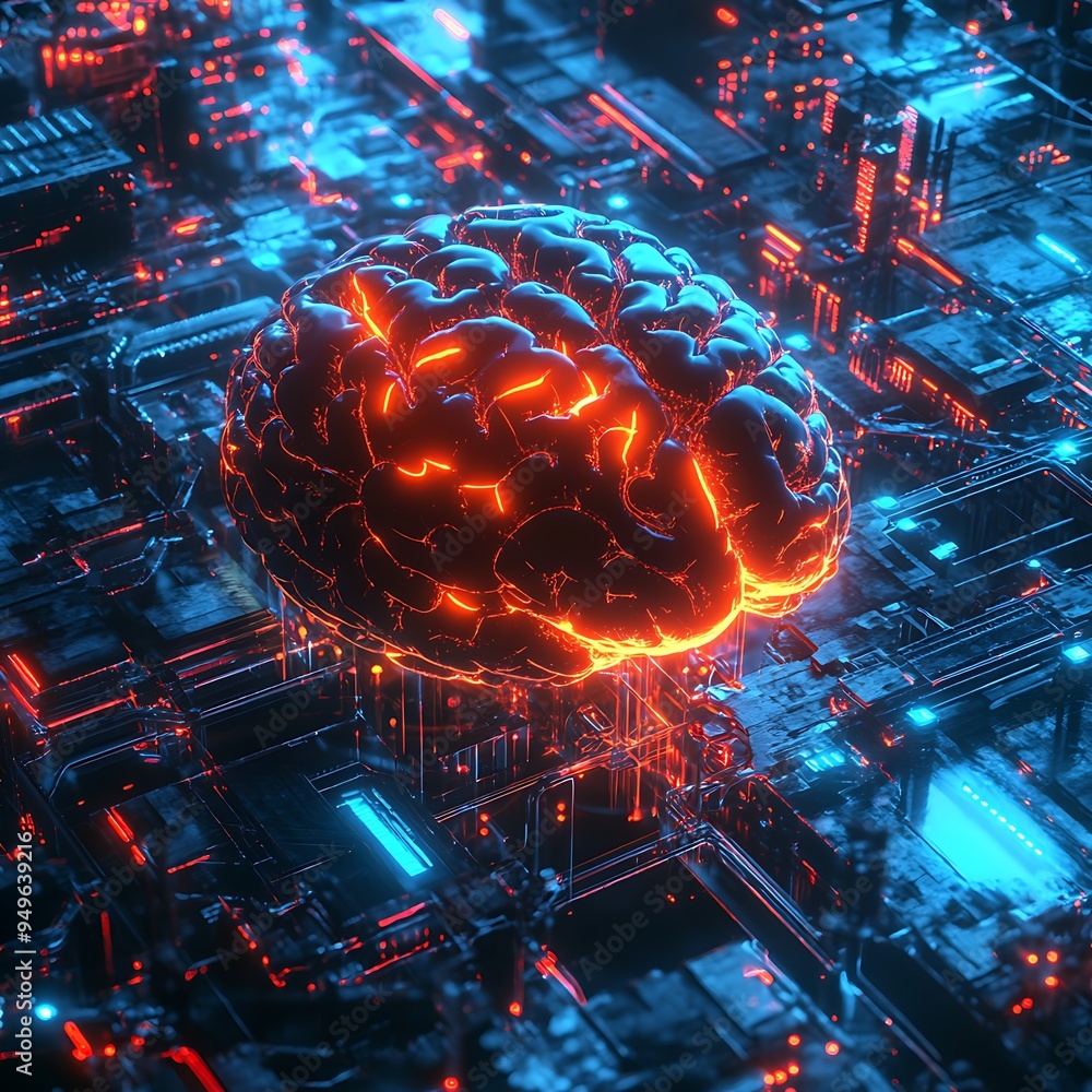 Poster glowing holographic brain with illuminated neural pathways