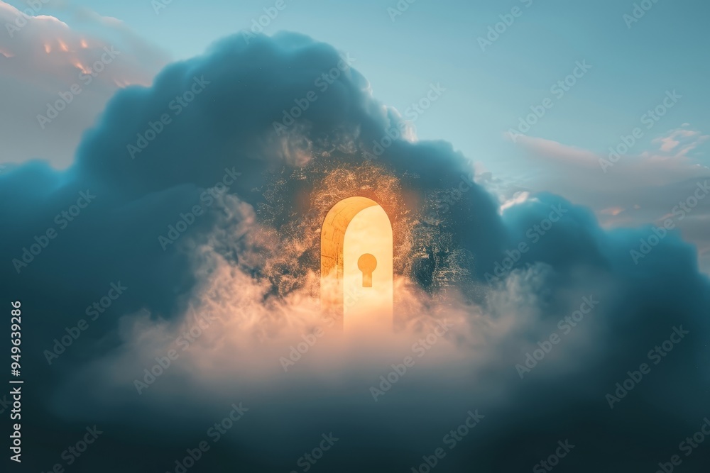 Poster a door stands open in the middle of a sky filled with clouds, creating an intriguing and symbolic sc