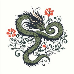 Green Dragon with Flowers