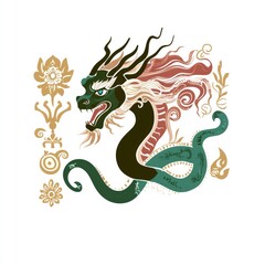 Obraz premium Green Dragon with Golden Floral Motifs