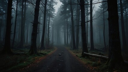 Fototapeta premium A misty forest scene with deep shadows and piercing light, evoking a moody atmosphere