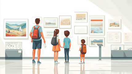 Family visiting a museum admiring artwork and cultural exhibits educational family outing with children learning about history