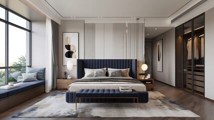 Modern luxurious elegant bedroom interior,Home interior design,Scandinavian style,Master bedroom with furniture