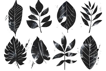 Hand drawn set of grunge modern textured brush black leaves isolated on transparent background
