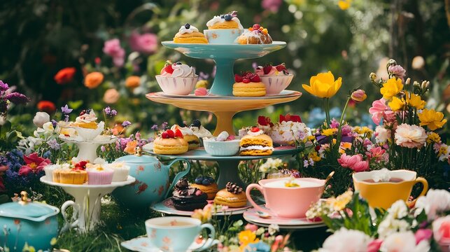 Oversized teacups pastries colorful flowers whimsical tea party in a garden Alice-in-Wonderland inspired quirky pastel colors