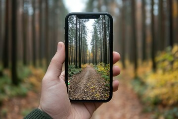 A Hand Holding a Phone Displaying a Path Through a Forest