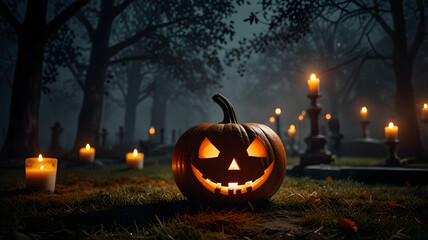 Fototapeta premium halloween pumpkin on a grave, ai generated