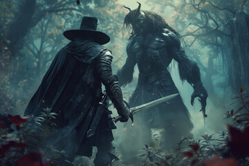 Fototapeta premium Monster Hunter with a sword faces a terrifying creature in the dark forest on Halloween night