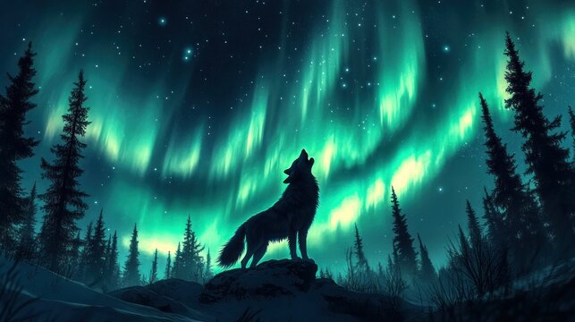 Wolf Howling Under the Northern Lights