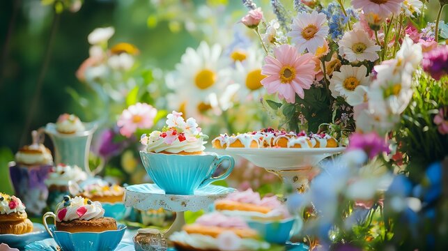 Pastries oversized teacups colorful flowers whimsical tea party in a garden Alice-in-Wonderland inspired quirky pastel colors