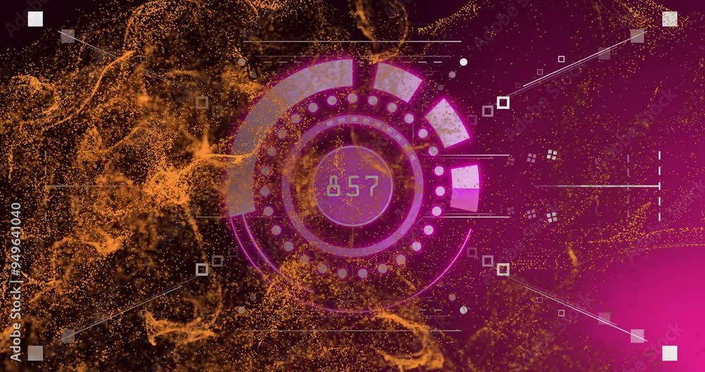 Poster 404 error text animation over circular digital interface with orange particles