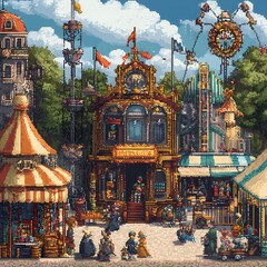 Obraz premium Whimsical Steampunk Carnival with Antique Rides and Colorful Characters in Fantastical Costumes