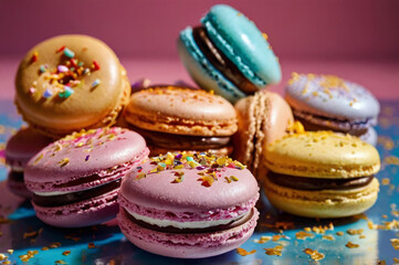 Fototapeta premium Vibrant Macaroons and Glossy Donuts with Colorful Glaze and Toppings