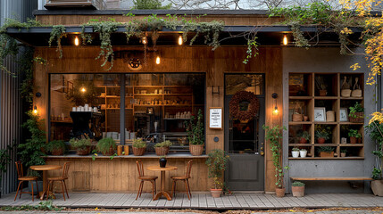 Exterior facade of cafe shop and restaurant design Scandinavian style. Front elevation Wood and concrete material with garden view