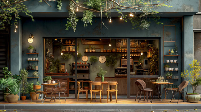 Exterior facade of cafe shop and restaurant design Scandinavian style. Front elevation Wood and concrete material with garden view