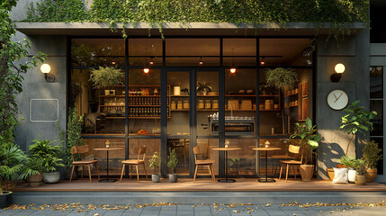 Exterior facade of cafe shop and restaurant design Scandinavian style. Front elevation Wood and concrete material with garden view