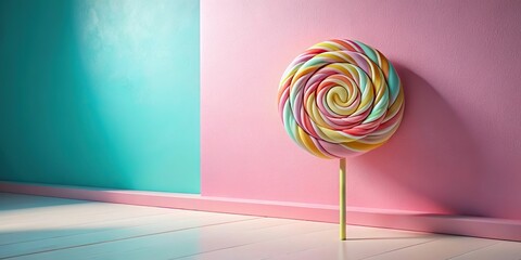 2. A whimsical, oversized lollipop leaning against a pastel-colored wall, its swirly design shining bright in a sugary candy pink, a realistic photo image.