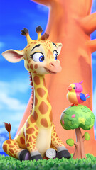 Fototapeta premium Friendship cute giraffe with chubby bird happy time sitting talk and smile