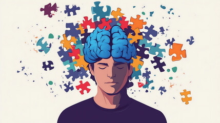 vector illustration of an adult man with his eyes closed, half the head is made up of colorful puzzle pieces, and he has one blue brain piece in front of him on a white background
