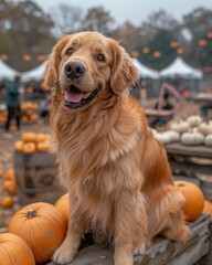 dog with pumpkins on blurred autumn food market background , fall and harvest aesthetic. Halloween and thanksgiving holiday