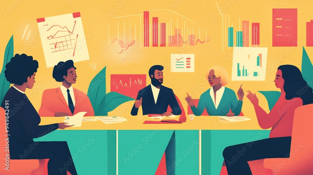 Poster vibrant illustration of a diverse team of financial advisors discussing investment strategies around