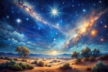 Fototapeta premium celestial watercolor starry night sky over the Australian desert twinkling diamonds on dark blue canvas dreamy soft focus blur