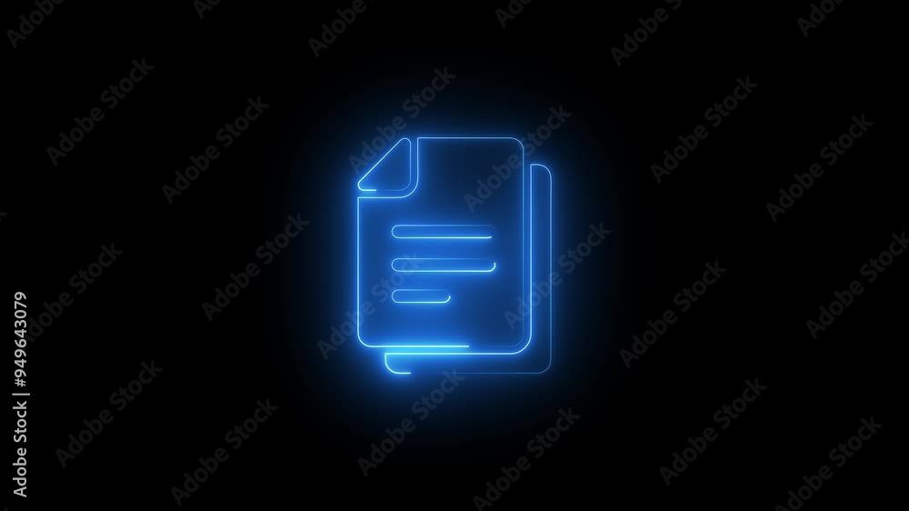 Poster neon file documents uploading icon 4k animation . glowing blue neon document sign.