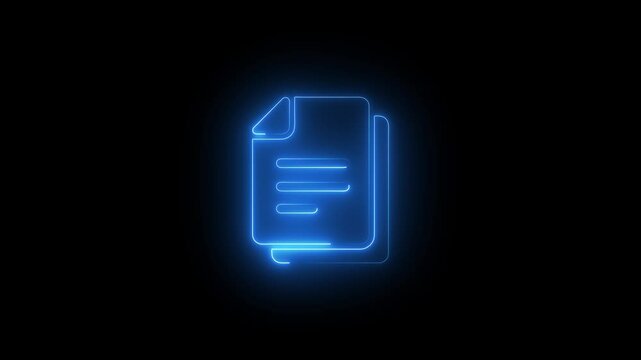 Neon file documents uploading icon 4k animation . Glowing blue neon document sign.