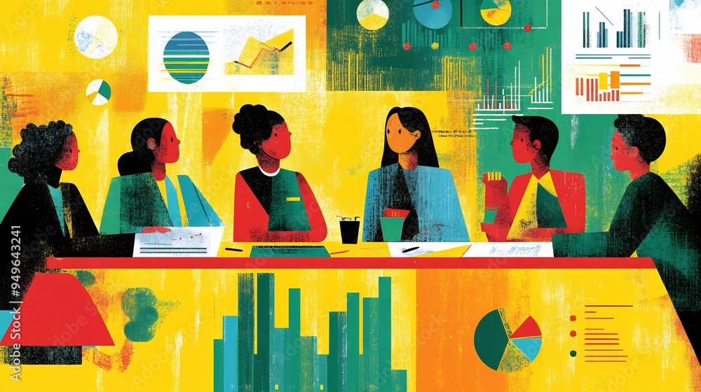 Poster vibrant illustration of a diverse team of financial advisors discussing investment strategies around