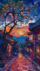 Traditional Chinese style lakeside sunrise scenery illustration poster background