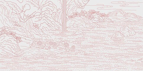 Asian style red and white ink painting background mountain water river landscape secret garden scenery view