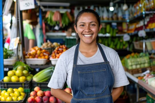 Happy saleswoman working at a local food market Happy Latin American saleswoman working at a local food market and smiling - small business concepts