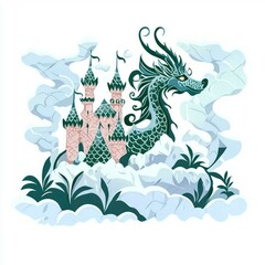 Obraz premium Dragon Guarding a Castle in the Clouds