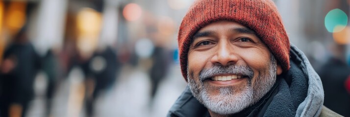 A cheerful senior Indian man with a gray beard, wearing a red beanie and black jacket, smiles warmly at the camera. He is standing outdoors in a city environment, likely during the winter season. The 