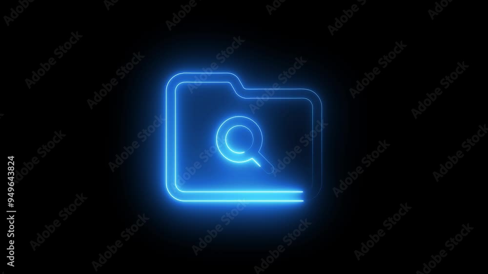 Poster glowing neon line search concept with folder icon isolated on black background. magnifying glass and