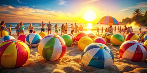 vibrant playful summer beach party with colorful beach balls and inflatables in bright warm light and shallow focus with dynamic composition
