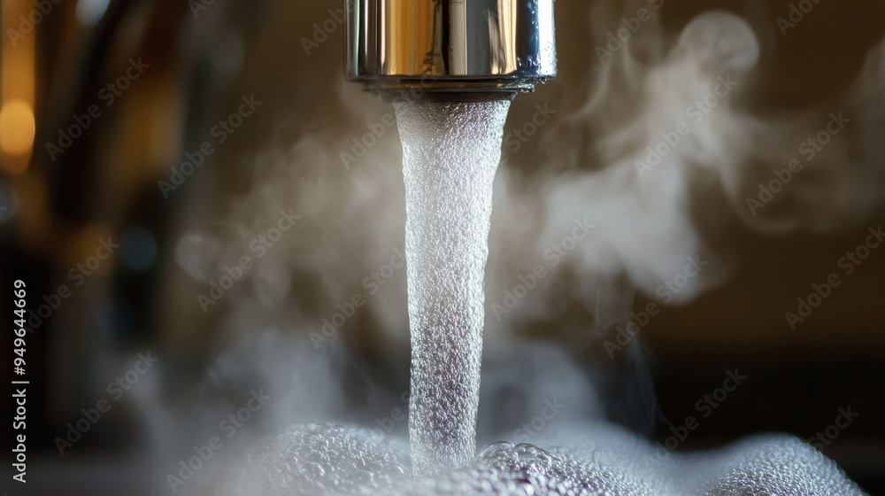 Poster a close-up image of a faucet with hot water running from it, creating a plume of steam. the image sy