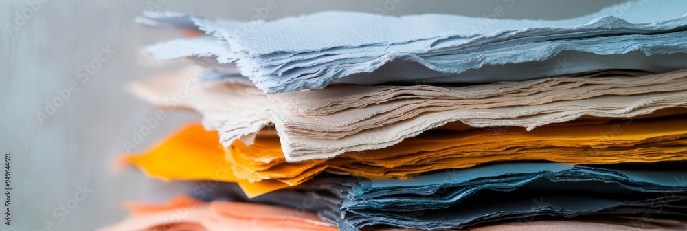 Aufkleber a close-up image of a stack of handmade paper sheets, showcasing various colors and textures. the st
