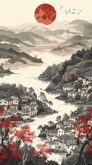Traditional Chinese style lakeside sunrise scenery illustration poster background