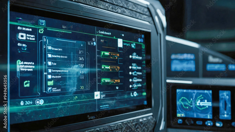 Poster a futuristic dashboard screen displaying a high-tech ecological interface with various settings and 
