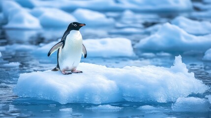 Obraz premium A lone penguin standing on melting ice, symbolizing the threat to Antarctic wildlife