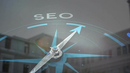 SEO compass animation over cityscape background - Powered by Adobe