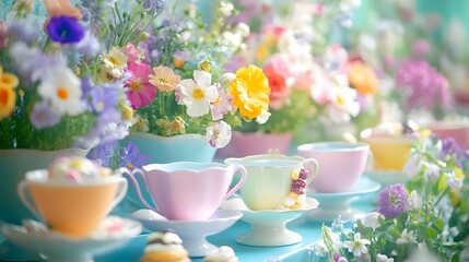 Garden tea party colorful flowers oversized teacups pastries whimsical Alice-in-Wonderland inspired quirky pastel colors