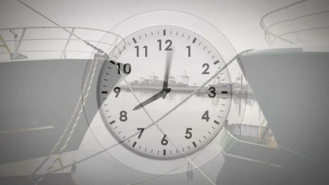 Clock animation over boats docked at harbor