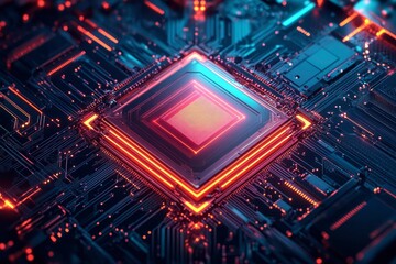 Obraz premium A Glowing Red Processor Chip in a Circuit Board