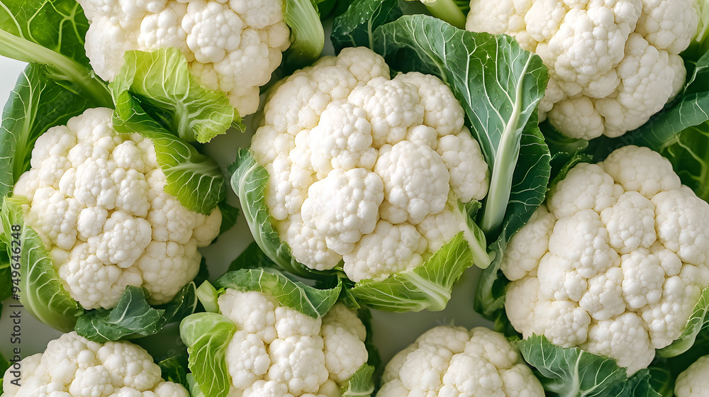 Poster Fresh white cauliflower heads with green leaves.