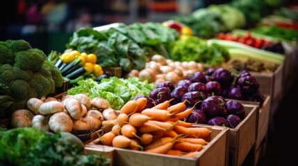 Farmers market counter colorful variety of fresh vegetables
