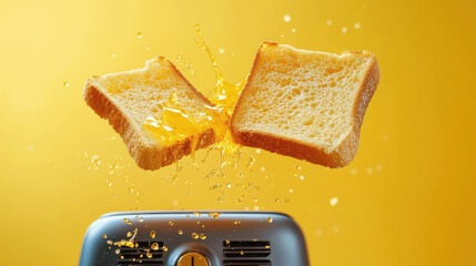 Toast flying from a toaster with butter melting over it in front of a bright yellow backdrop