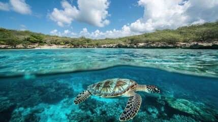 Obraz premium Sea Turtle Swimming in Turquoise Waters