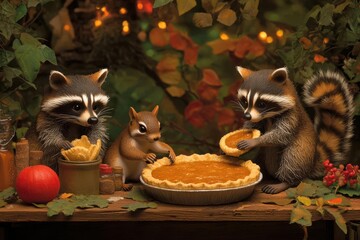 A Thanksgiving scene with a family of raccoons baking pies in a woodland kitchen, with a squirrel helping by gathering ingredients, Thanksgiving forest animals, woodland pie baking